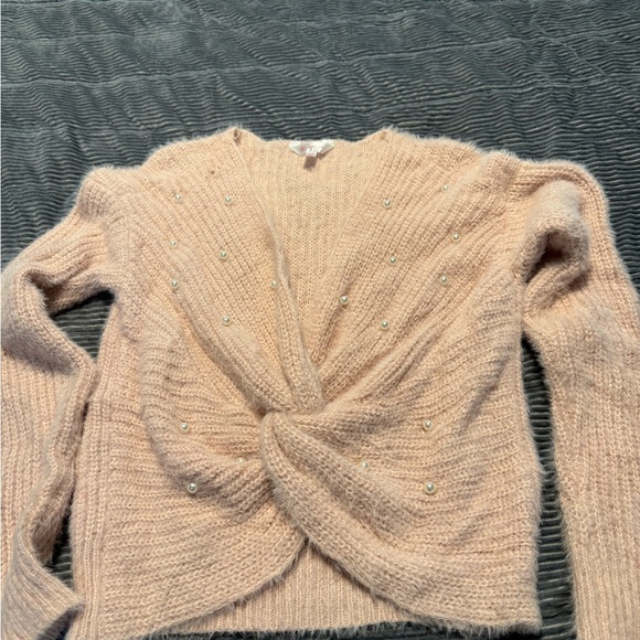 No Boundaries Pink V-Neck Sweater with Pearl Details - Picture 1 of 1